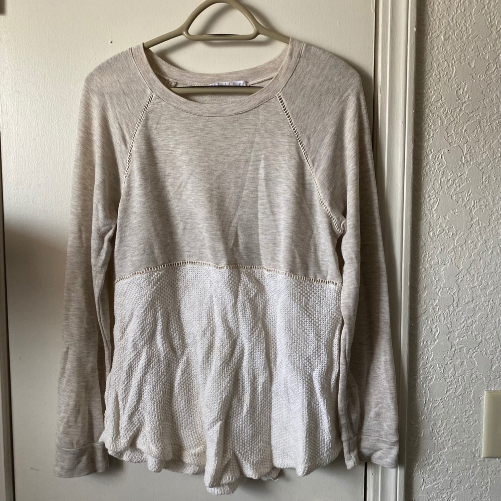 Potters Pot Womens Medium Oatmeal Cream Mixed Media Crochet Lace Tunic Top